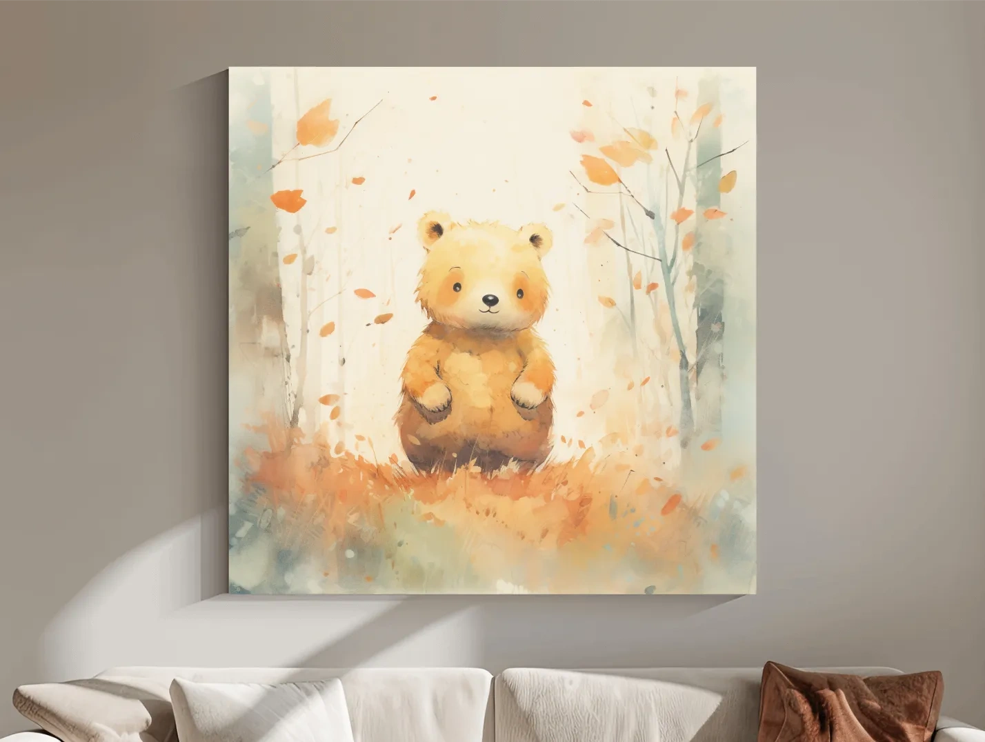 Cute Watercolor Bear Cub In Autumn Forest - Whimsical Nursery Animal Wall Art