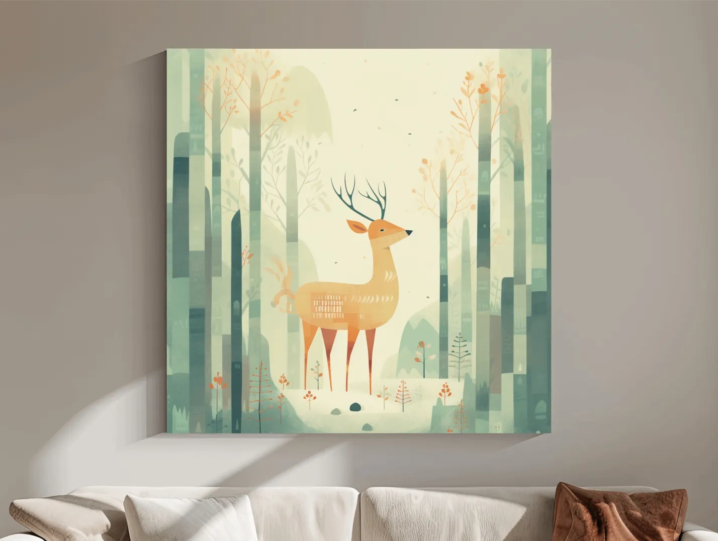 Whimsical Deer In Misty Forest - Minimalist Woodland Nursery Wall Art