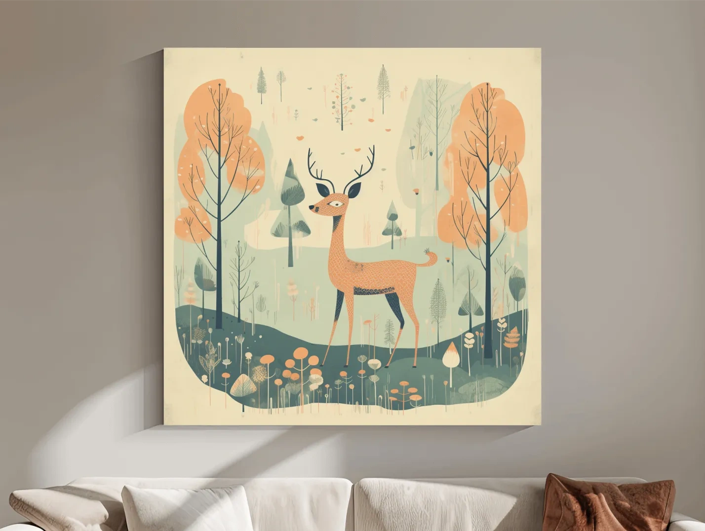 Whimsical Deer in Pastel Forest Illustration - Folk Art Woodland Nursery Wall Art