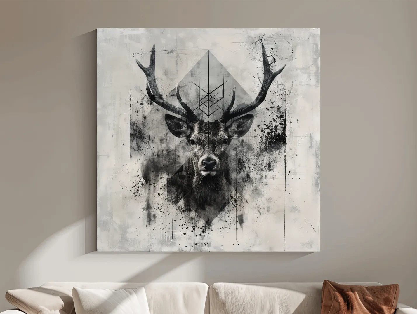 Tribal Monochrome Deer Stag Portrait - Tattoo Style Wildlife Wall Art