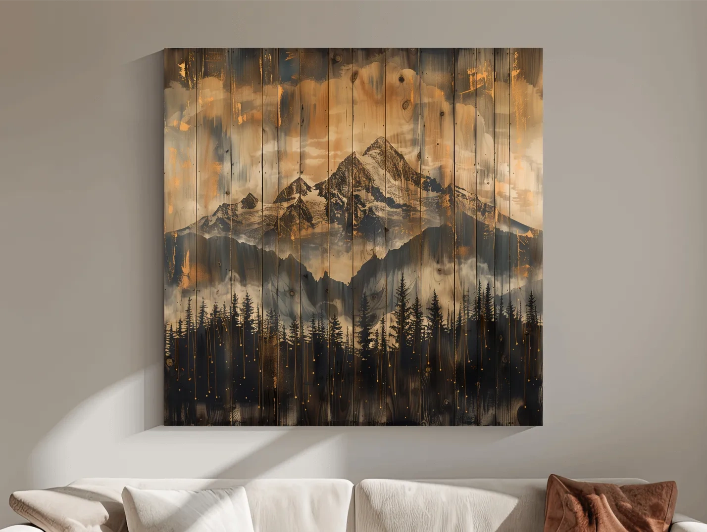 Rustic Mountain Range Over Pine Forest - Vintage Wood Panel Style Landscape Artwork