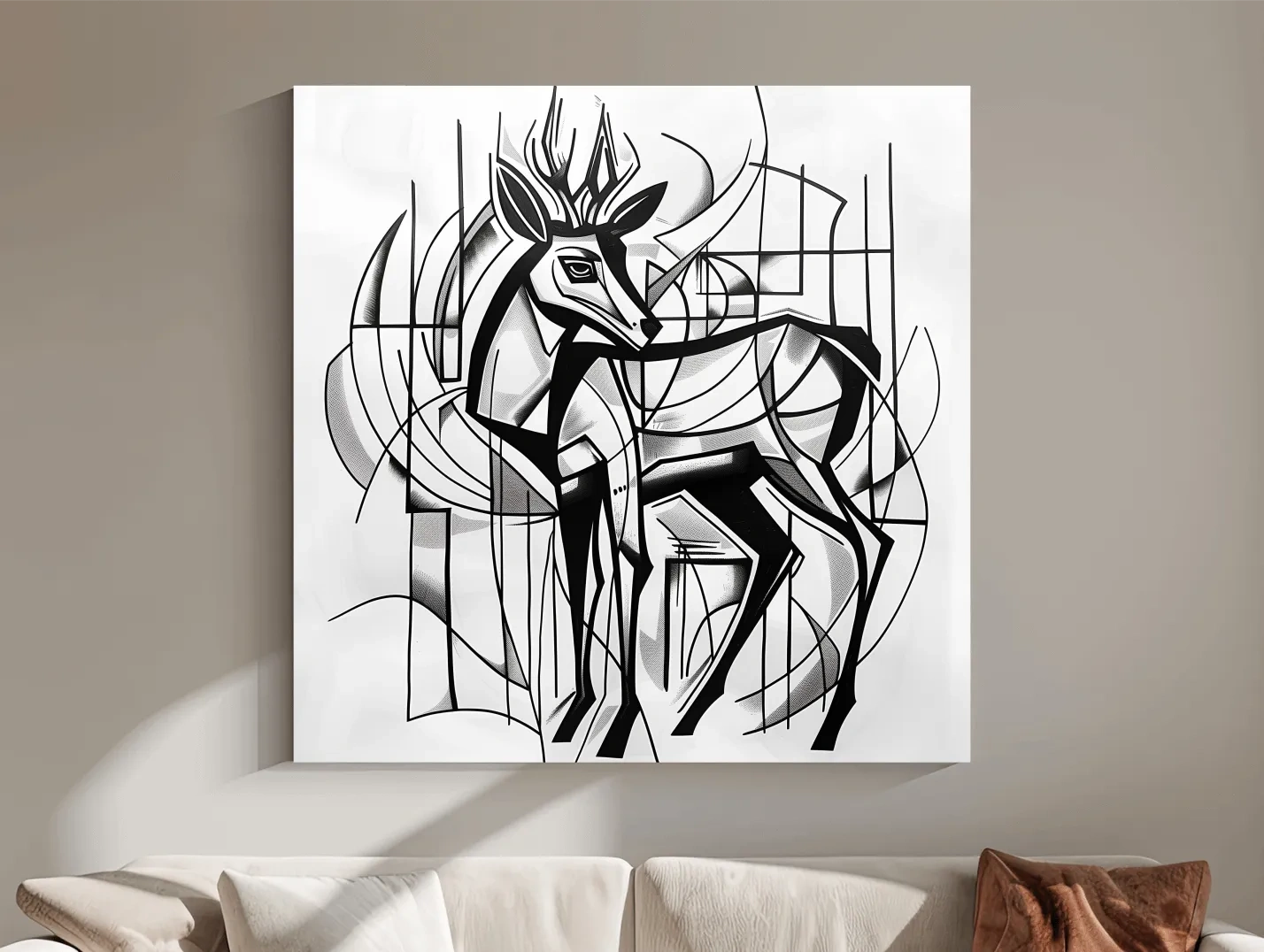 Abstract artwork, geometric deer painting, cubism line art