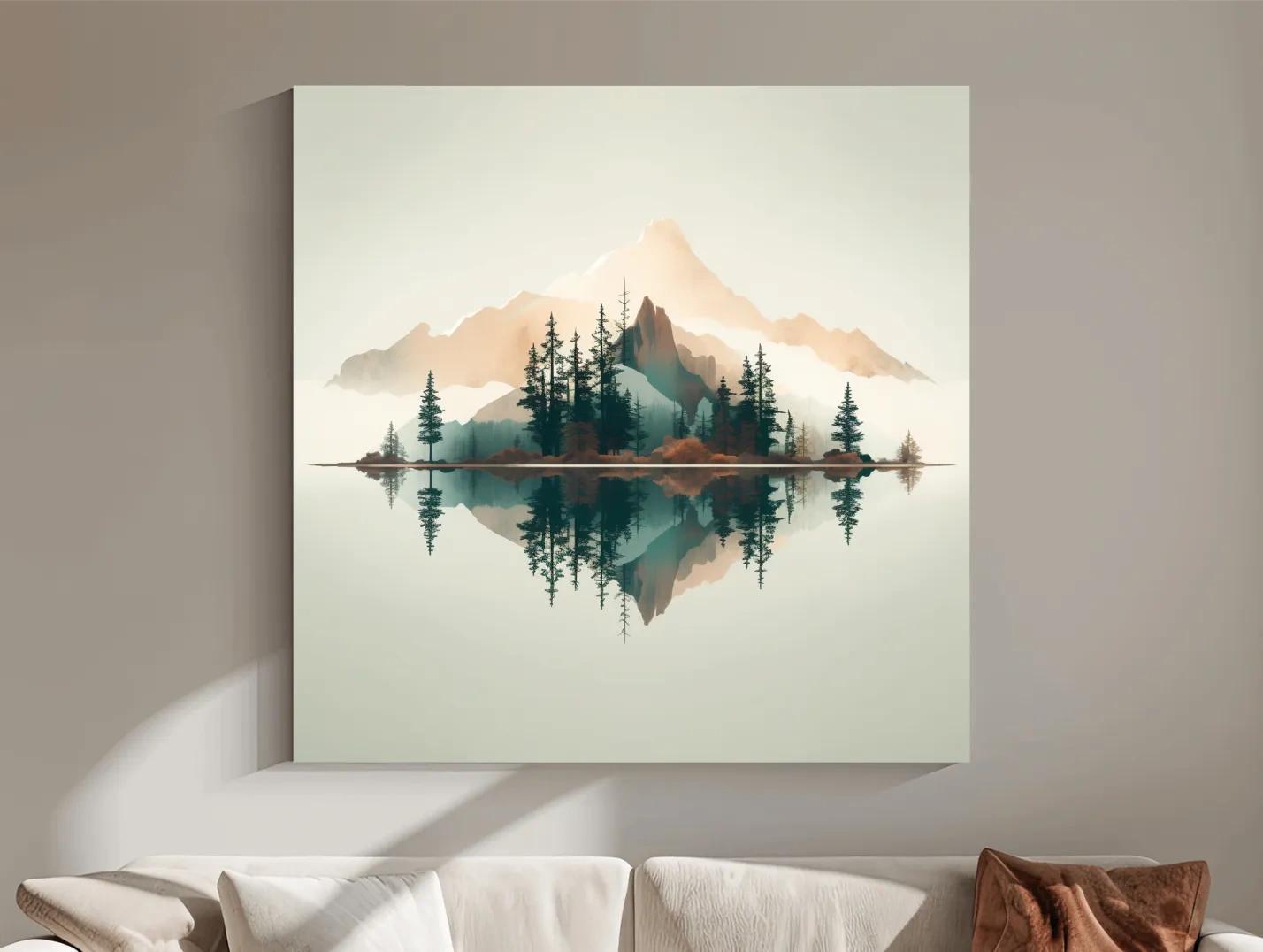 Minimalist Watercolor Mountain Lake Reflection - Serene Pine Forest Landscape Wall Art