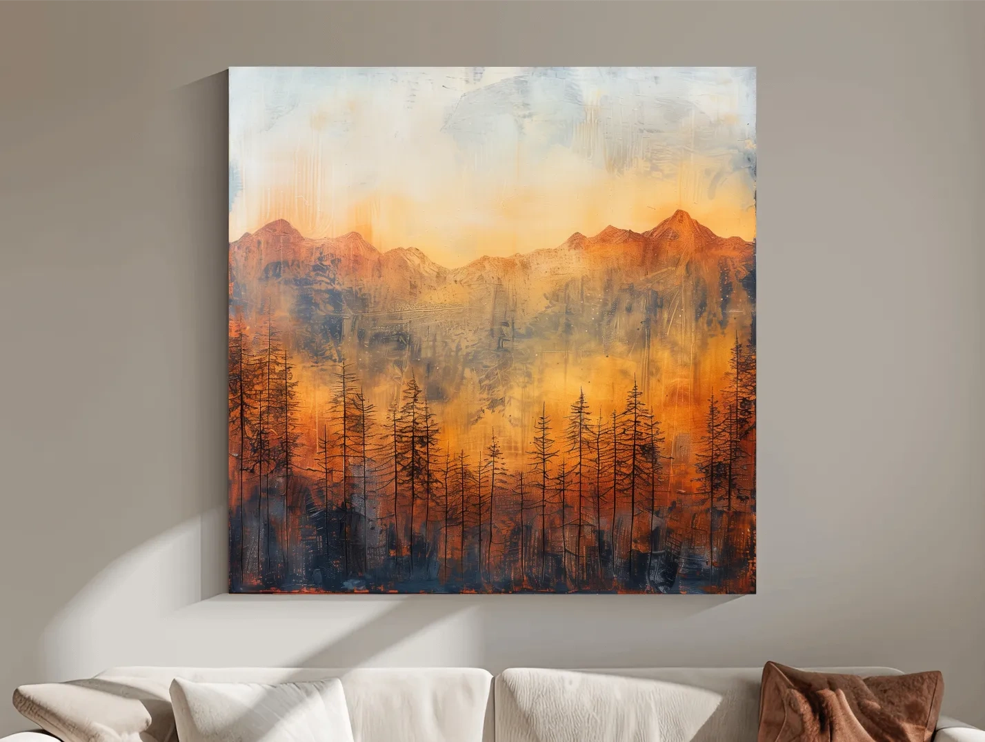 Moody Abstract Mountain Sunrise With Silhouetted Pine Forest - Textured Landscape Painting