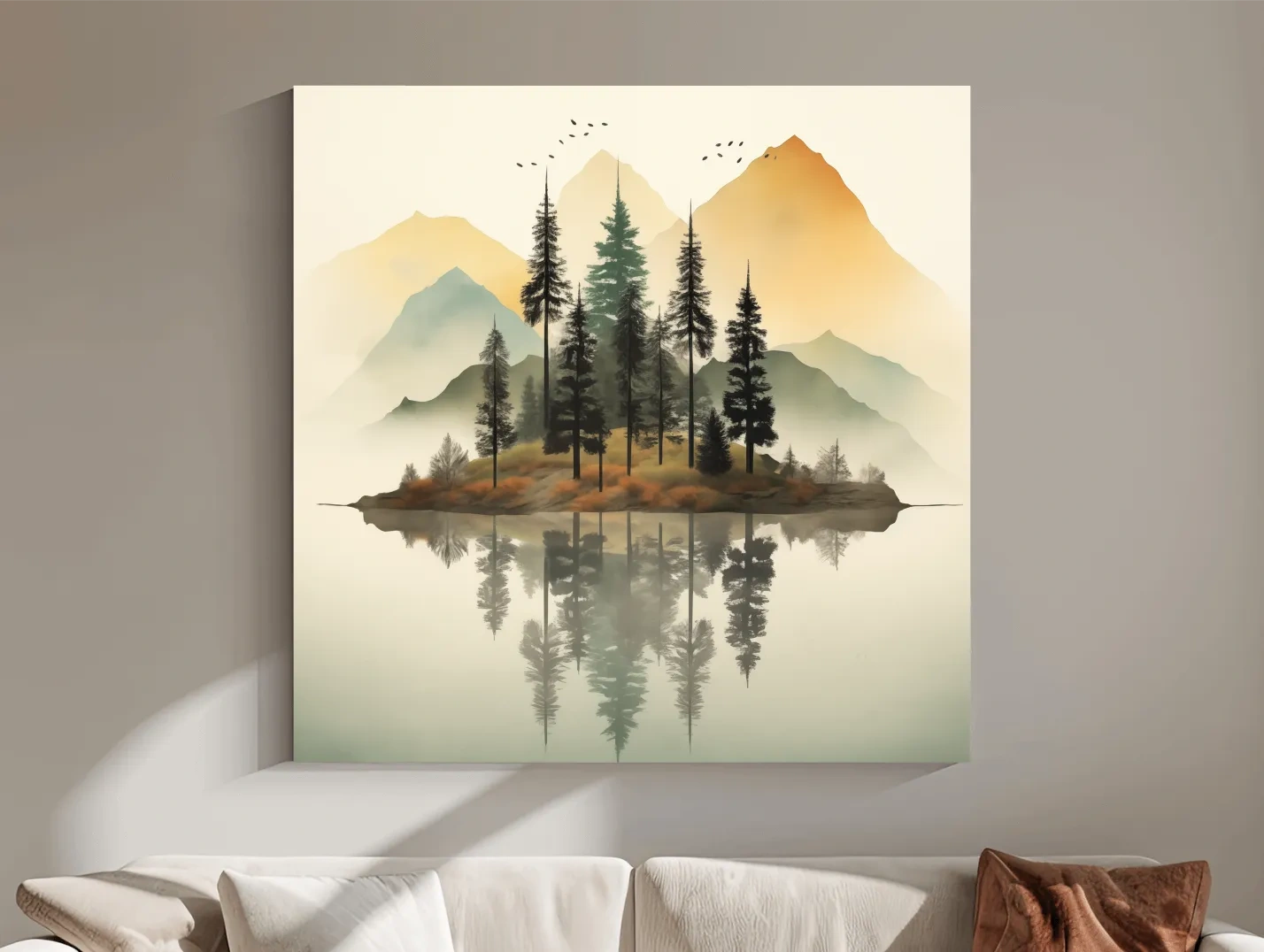Misty Pine Forest Island Reflection - Minimalist Mountain Lake Wall Art