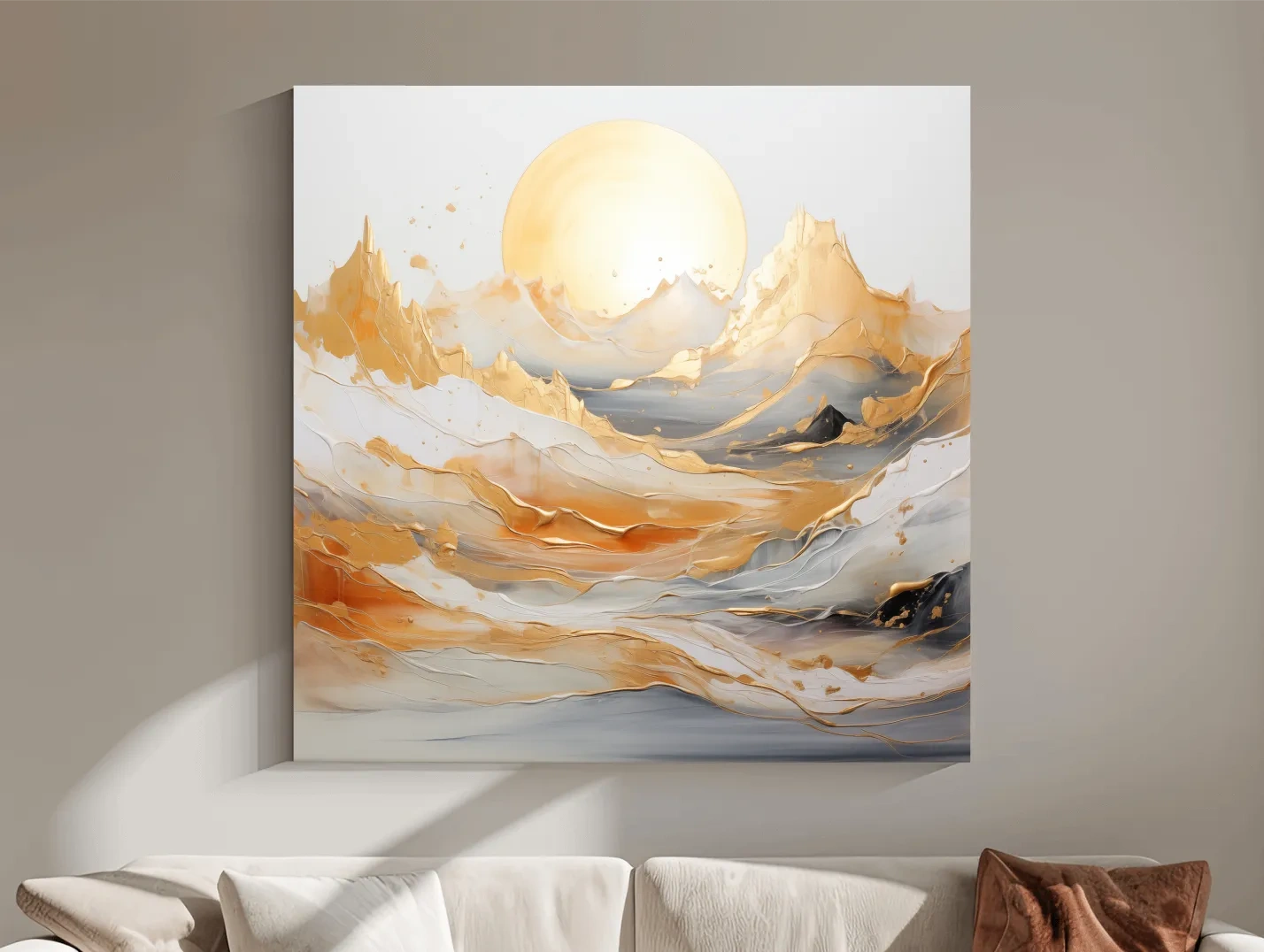 Gold Leaf Abstract Mountains Painting - Minimalist Sunrise Landscape Wall Art