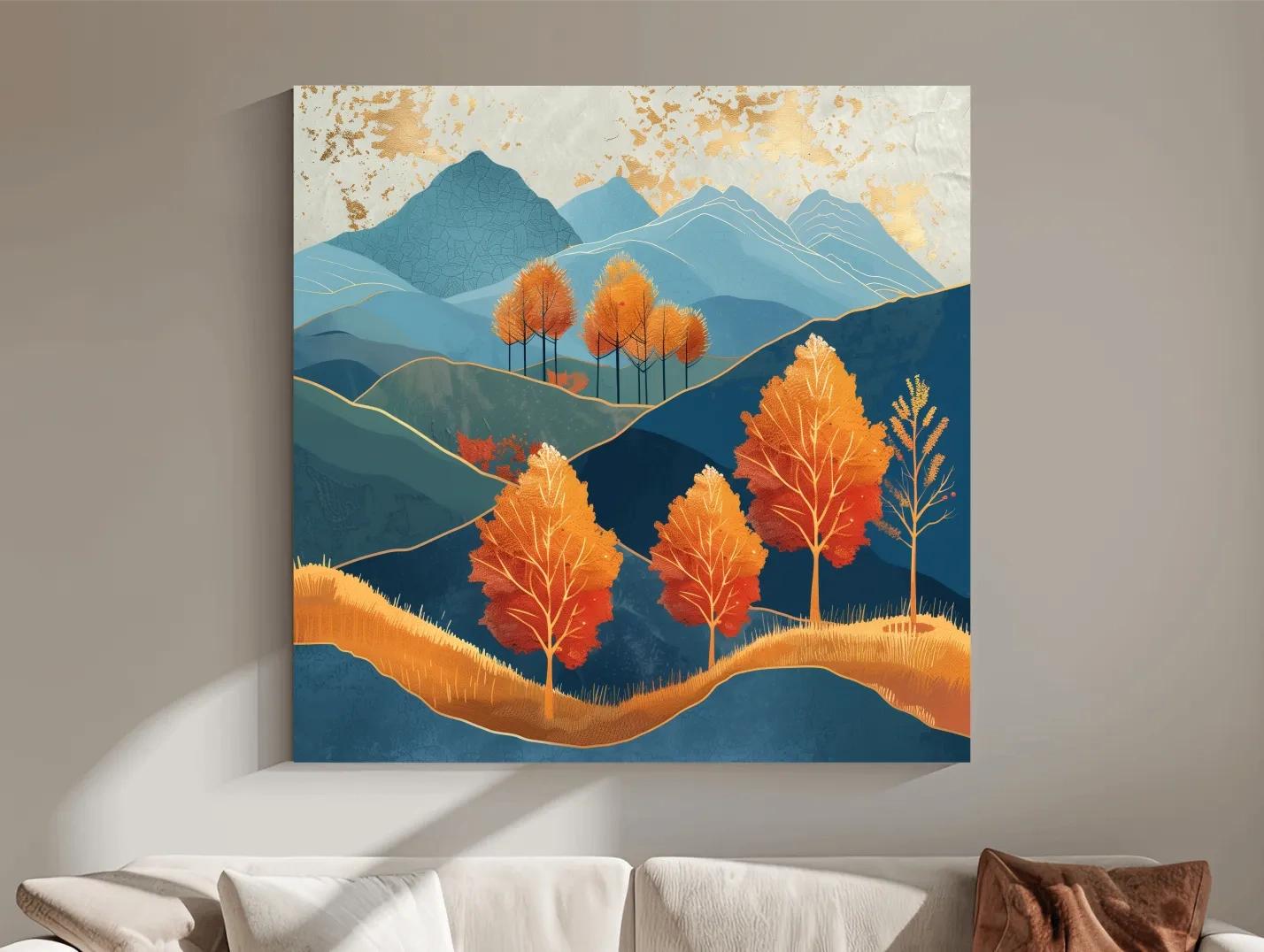 Autumn Aspen Trees In Layered Blue Mountains - Modern Gold Leaf Style Wall Art