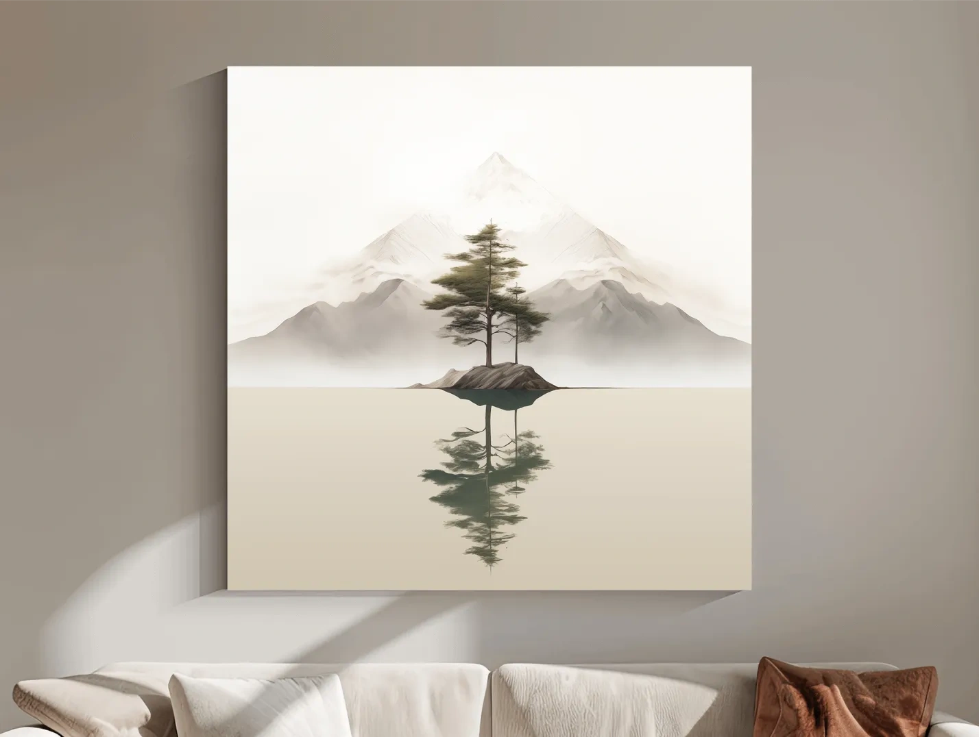 Minimalist Misty Lake Landscape Artwork - Serene Zen Pine Tree Reflection Art