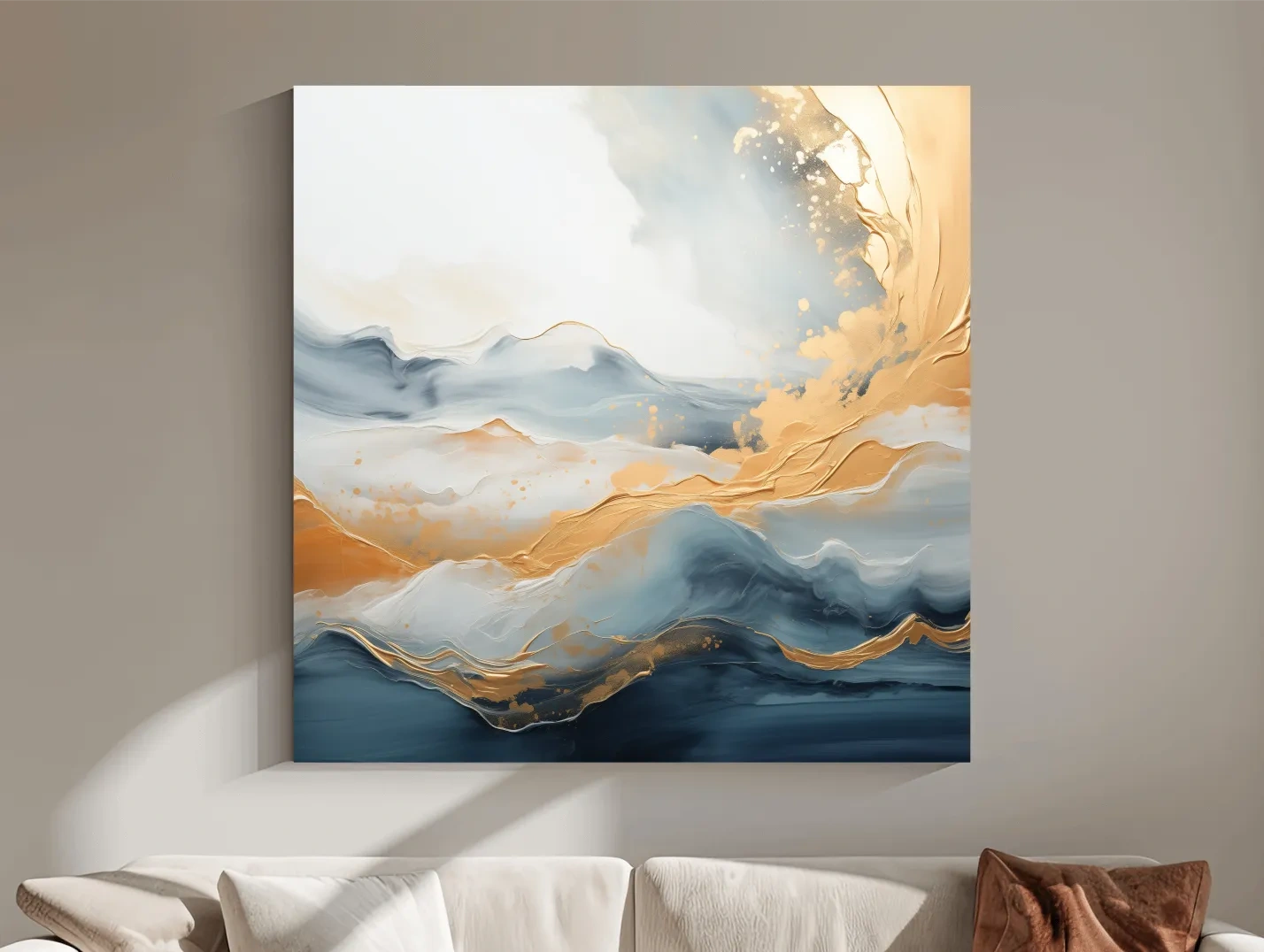 Fluid Abstract Blue And Gold Mountain Landscape - Modern Mixed Media Wall Art