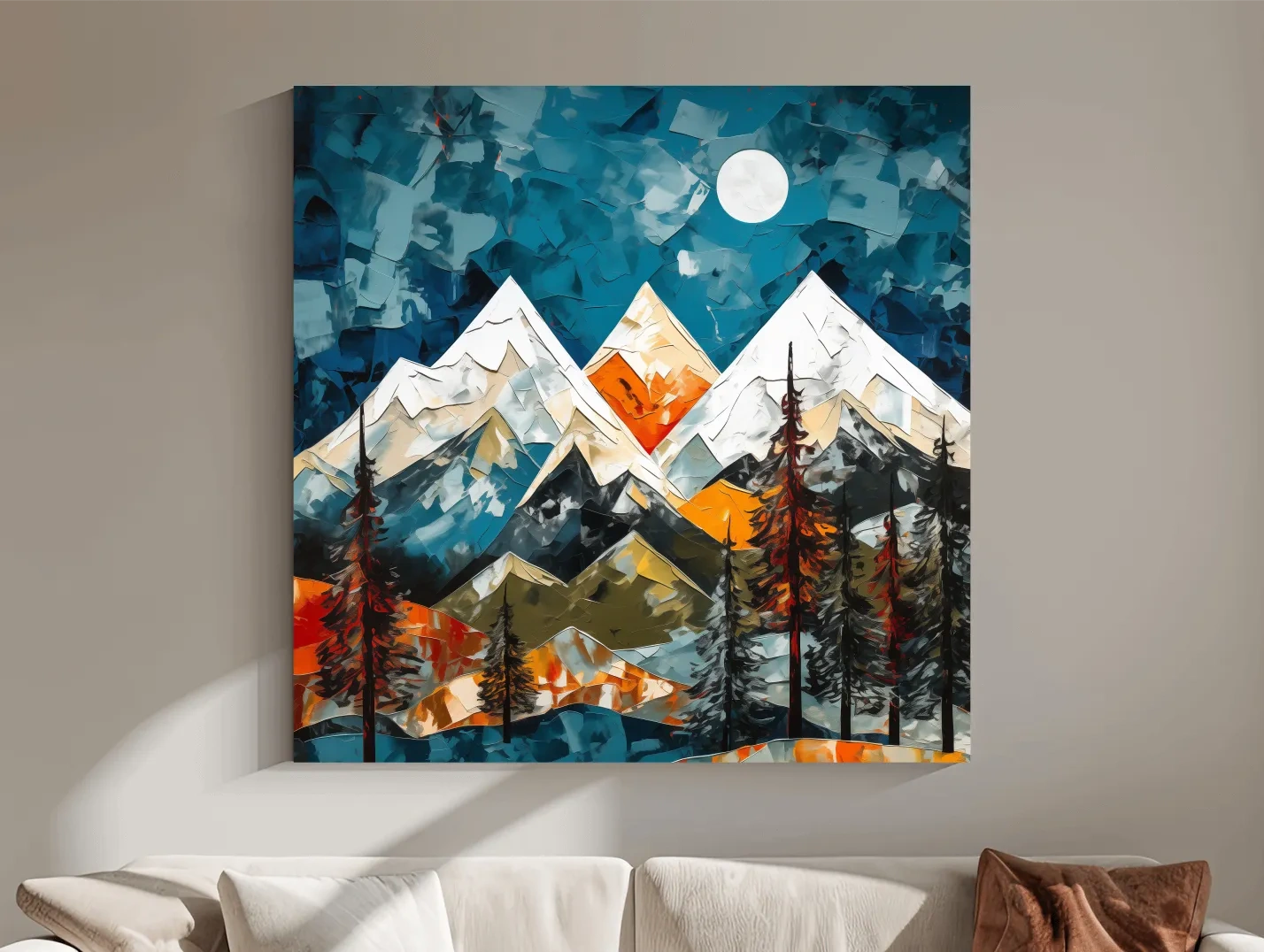 Abstract Impasto Style Mountain Nightscape - Moonlit Alpine Landscape Wall Art