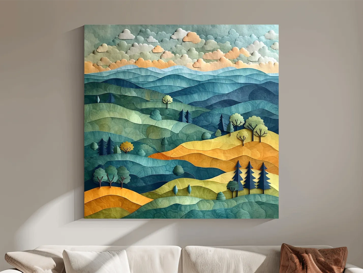 Layered Paper Cut Mountain Landscape - Mixed Media Forest Wall Art
