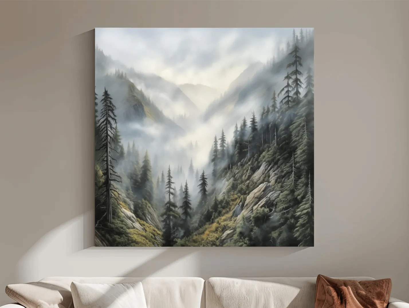 Misty Mountain Valley Pine Forest Painting - Foggy Alpine Landscape Wall Art