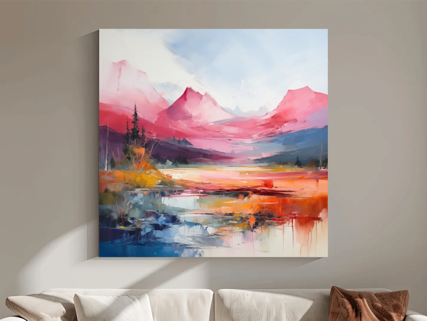 Vibrant Abstract Impressionist Alpine Lake Sunset Painting - Colorful Mountain Wall Art