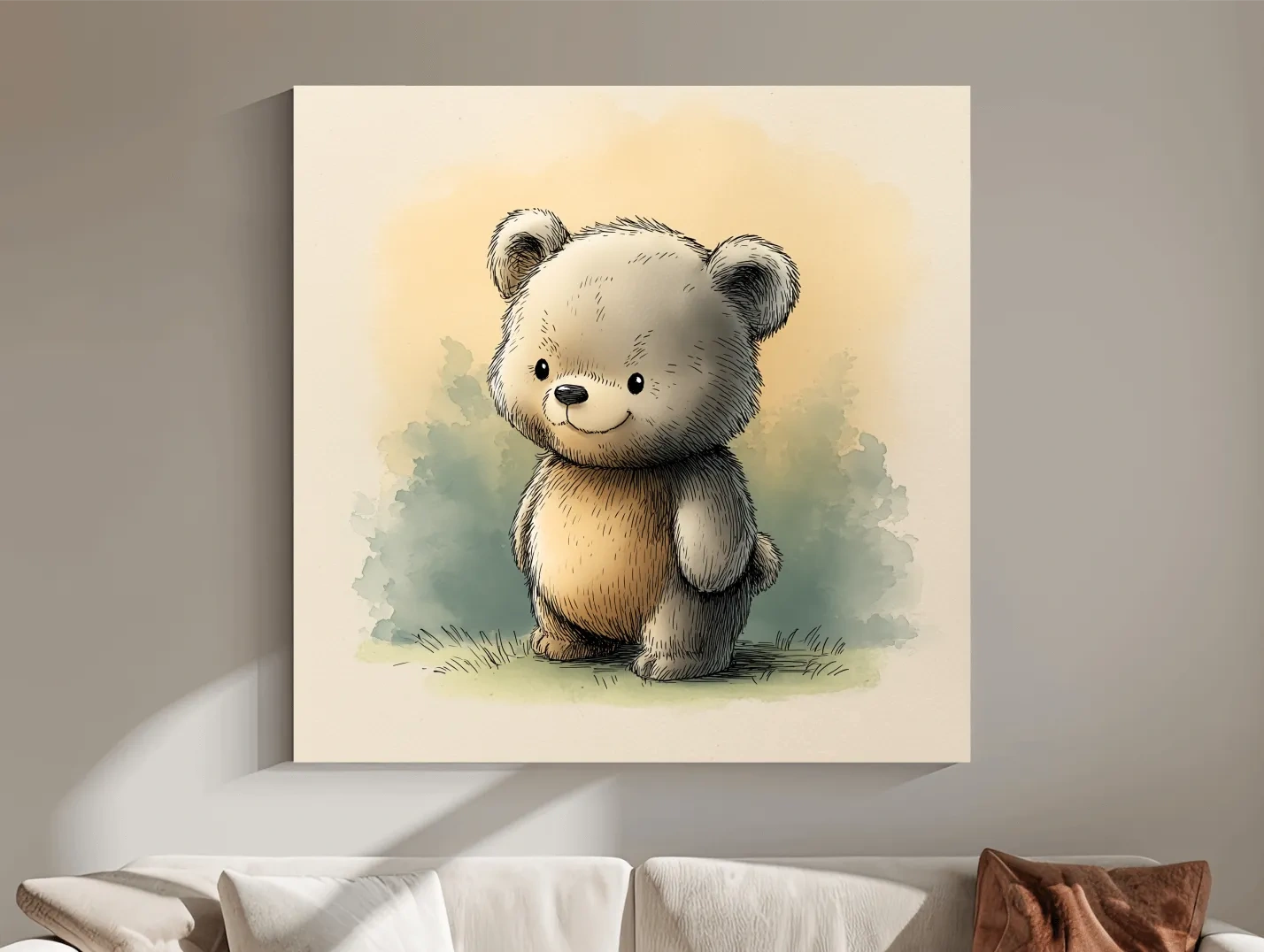 Cute Watercolor Teddy Bear Illustration - Whimsical Nursery Animal Wall Art