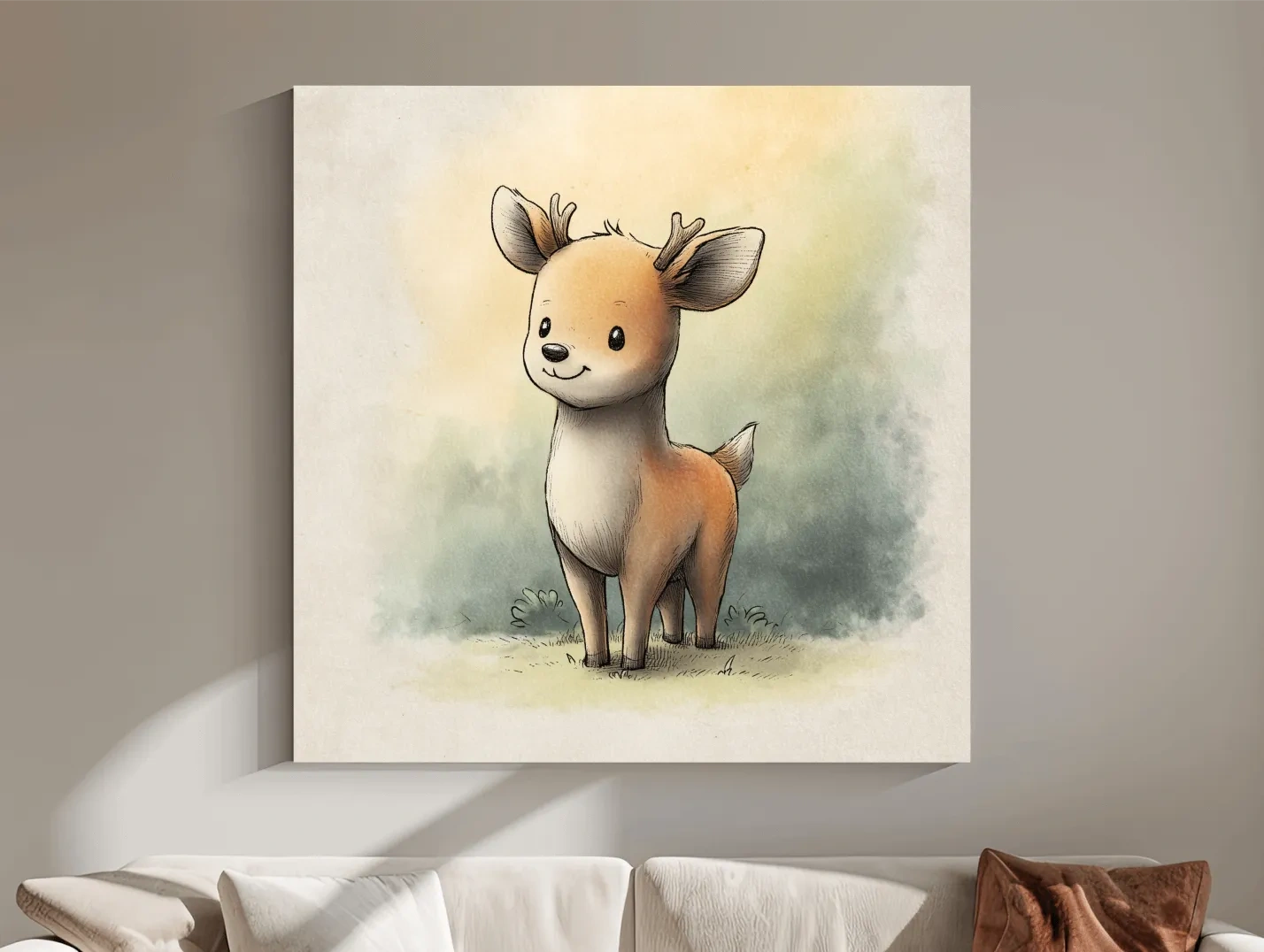 Cute Baby Deer Watercolor Illustration - Whimsical Woodland Nursery Wall Art