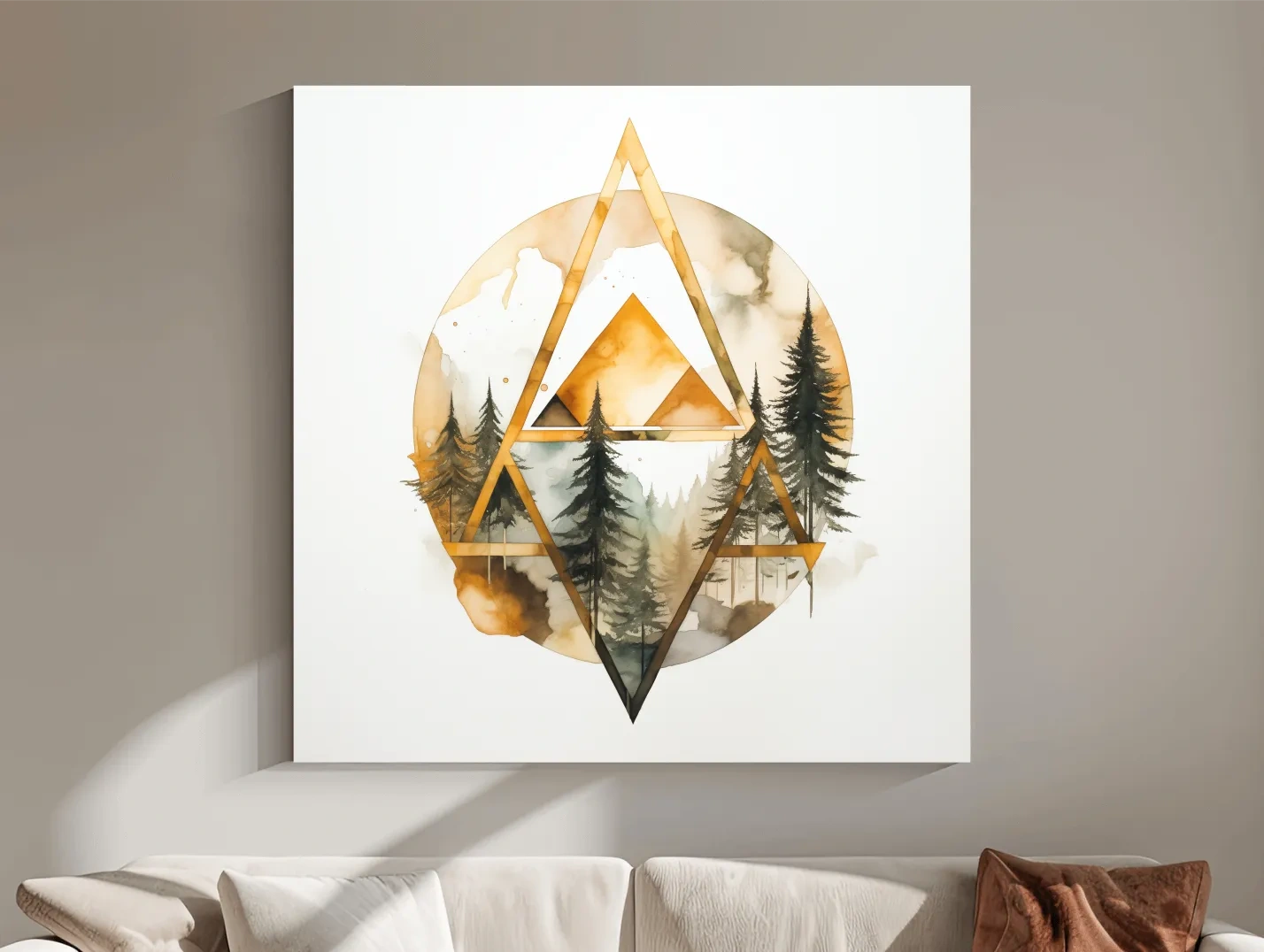 Rustic Elegant Watercolor Mountain Pine Forest - Abstract Golden Geometric Nature Wall Art
