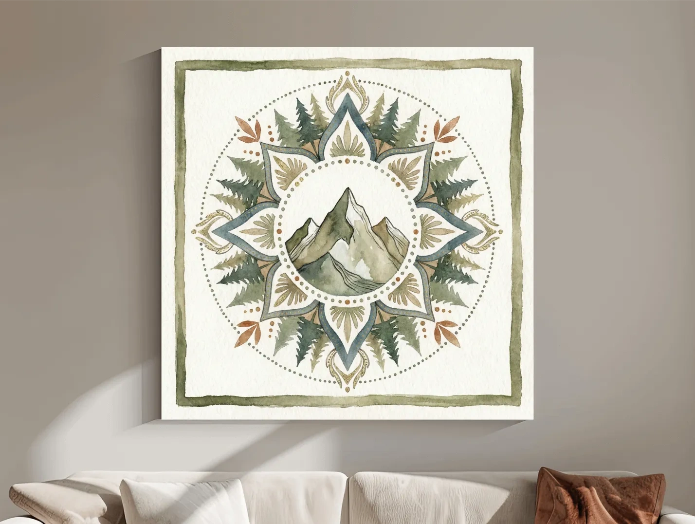 Mountain Mandala Watercolor - Boho Botanical Nature Wall Art