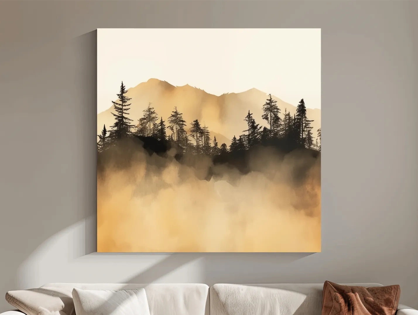 Misty Golden Mountain Pine Forest - Sepia Watercolor Landscape Wall Art