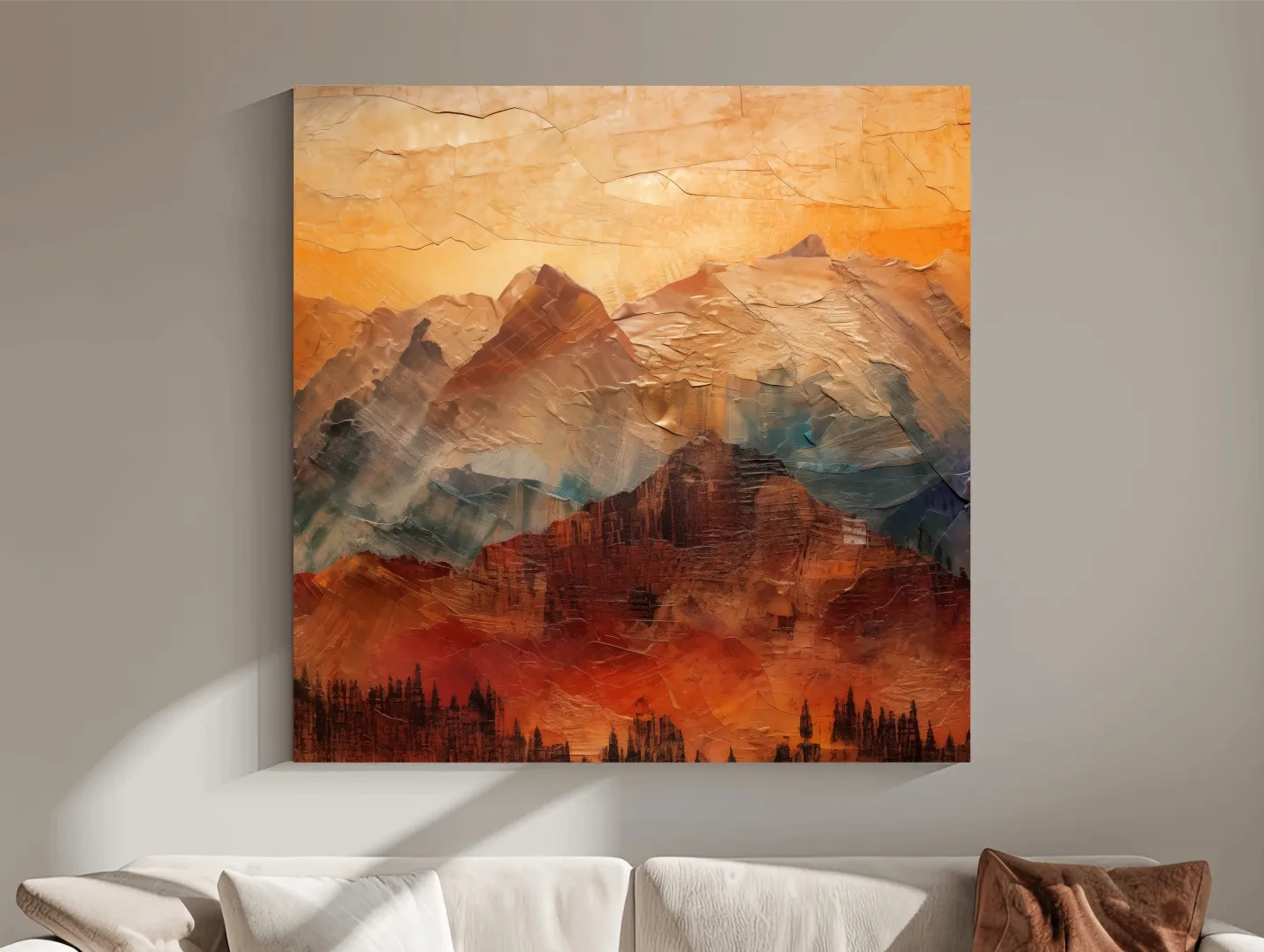 Impasto Style Abstract Mountain Range Sunset - Warm Rustic Landscape Wall Art