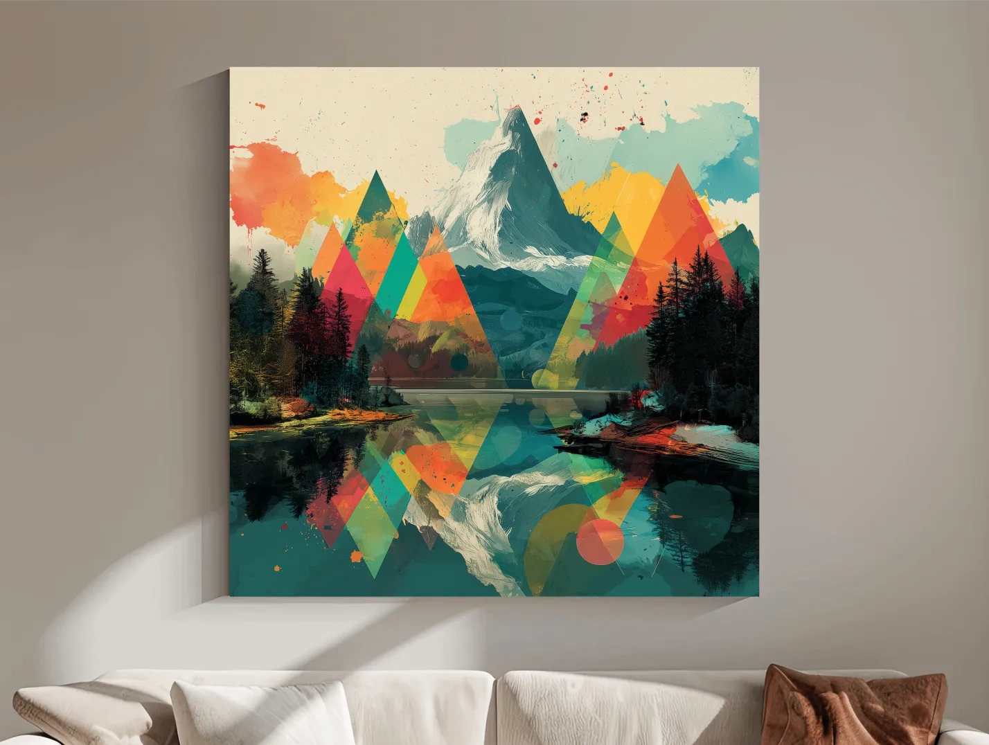 Vibrant Abstract Mountain Lake Collage Art - Colorful Alpine Wall Art