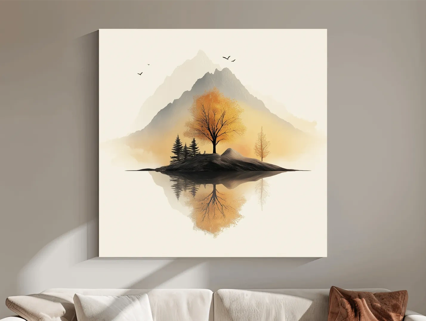 Minimalist Misty Mountain Lake Illustration - Serene Autumn Tree Landscape Wall Art