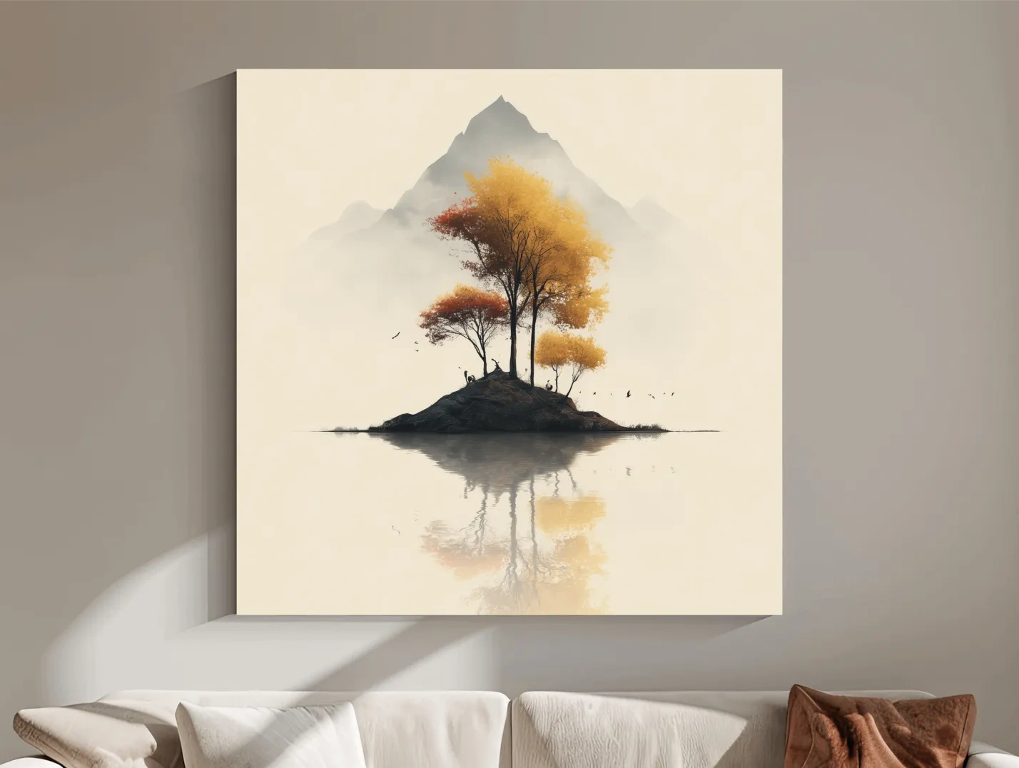 Minimalist Autumn Trees On Misty Lake Island - Serene Mountain Landscape Wall Art