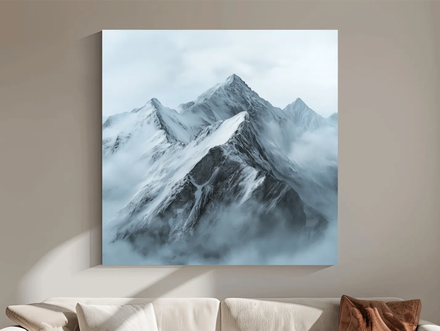 Misty Snowcapped Alpine Peak Landscape - Monochrome Photographic Mountain Wall Art