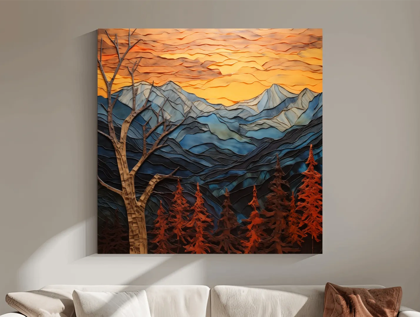 Layered Paper Cut Alpine Mountain Sunset - Mixed Media 3D Landscape Wall Art