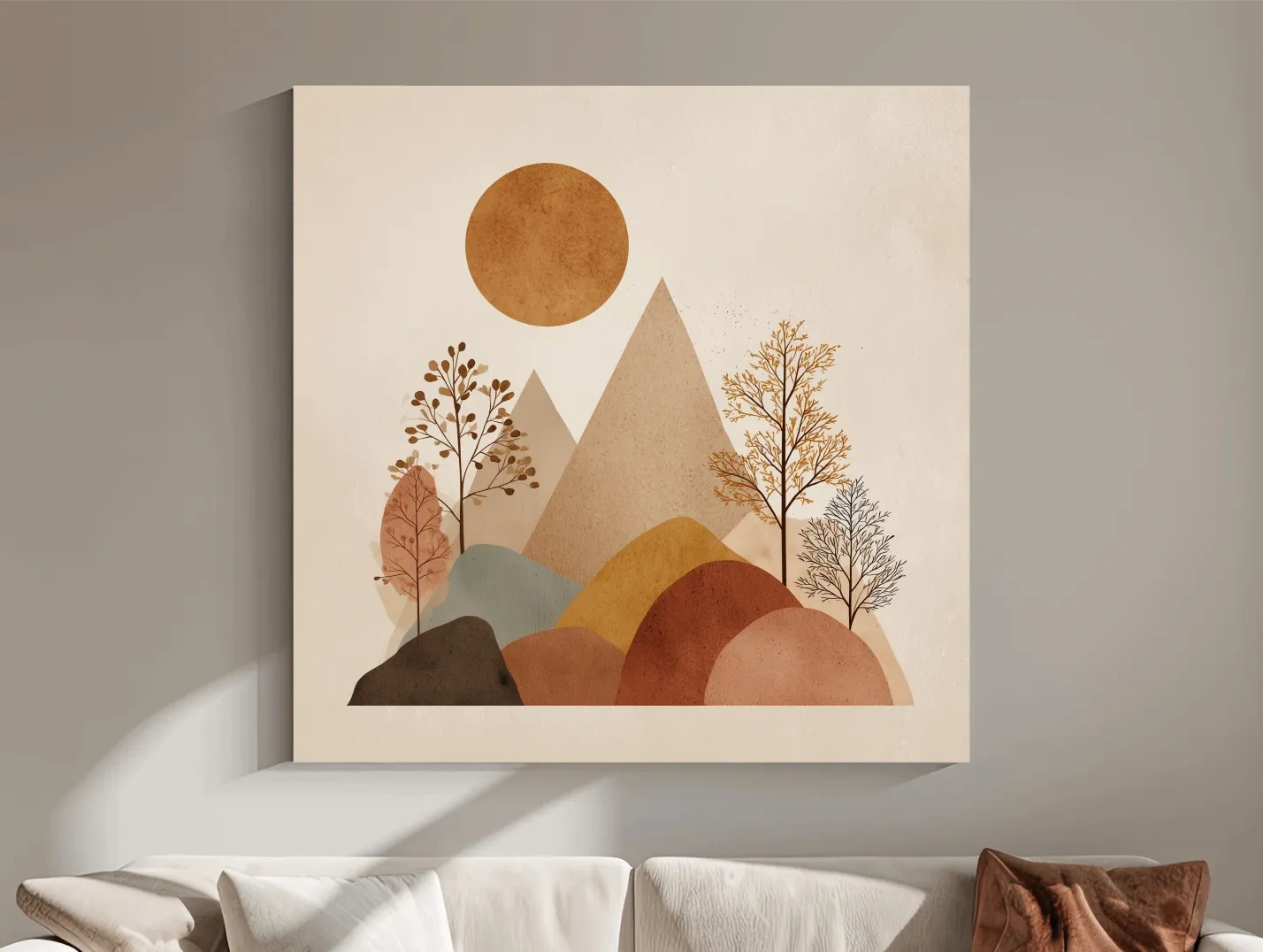 Minimalist Scandi Mountain Sunset Landscape - Boho Neutral Earth Tone Wall Art