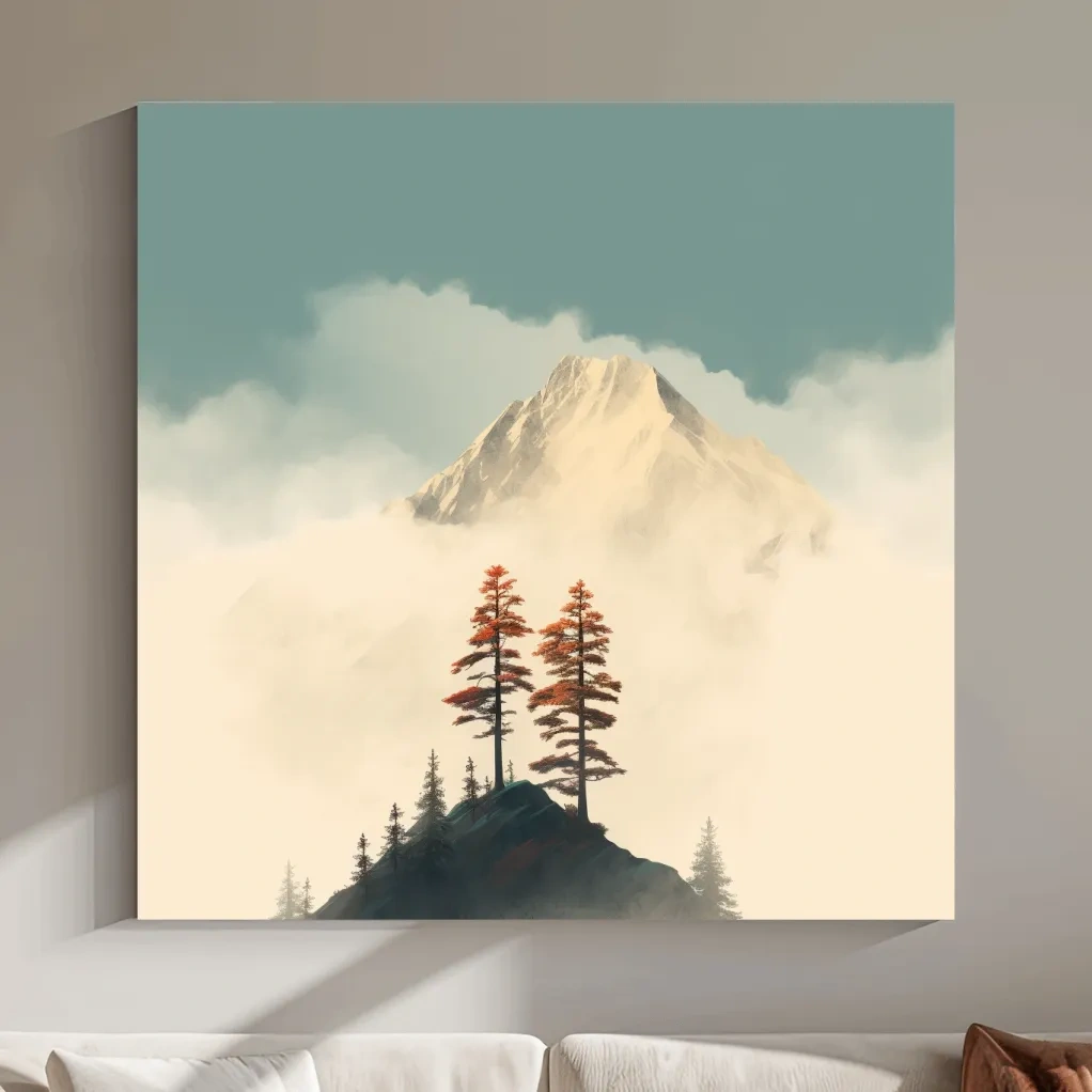 Minimalist art, trees before a glacier in the clouds