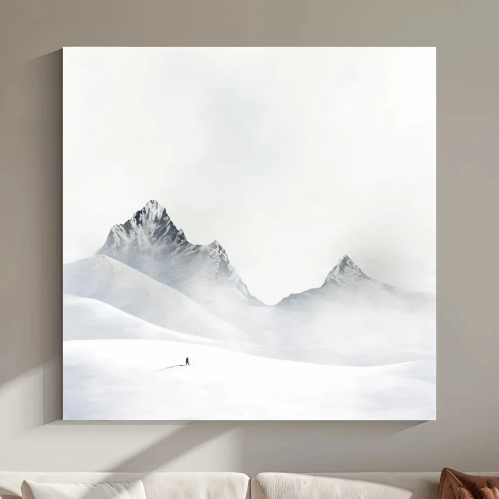 Minimalist Snowy Mountain Landscape Painting - Monochrome Winter Wilderness Wall Art