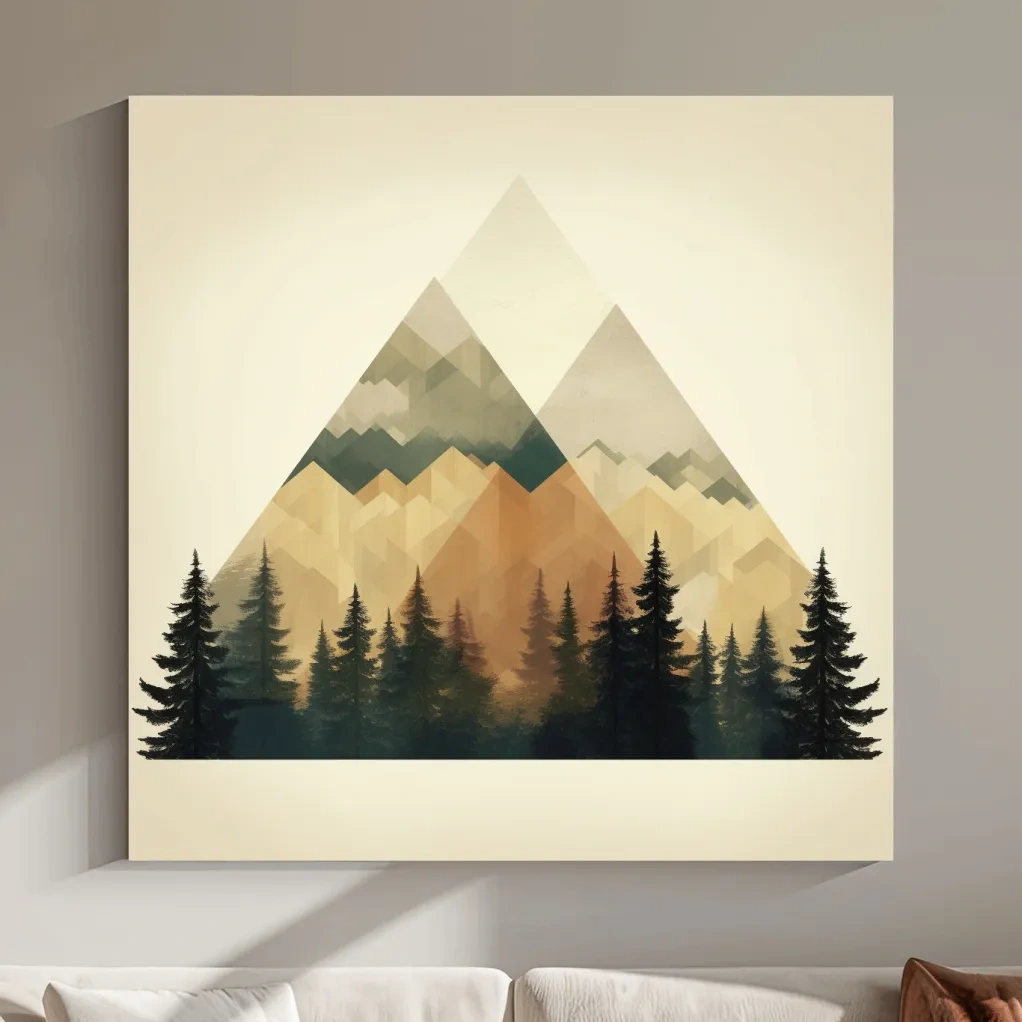 Geometric Mountain Peaks With Pine Forest - Minimalist Scandinavian Alpine Artwork