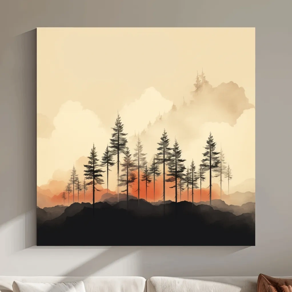 Minimal mountain artwork, tree line in the mist