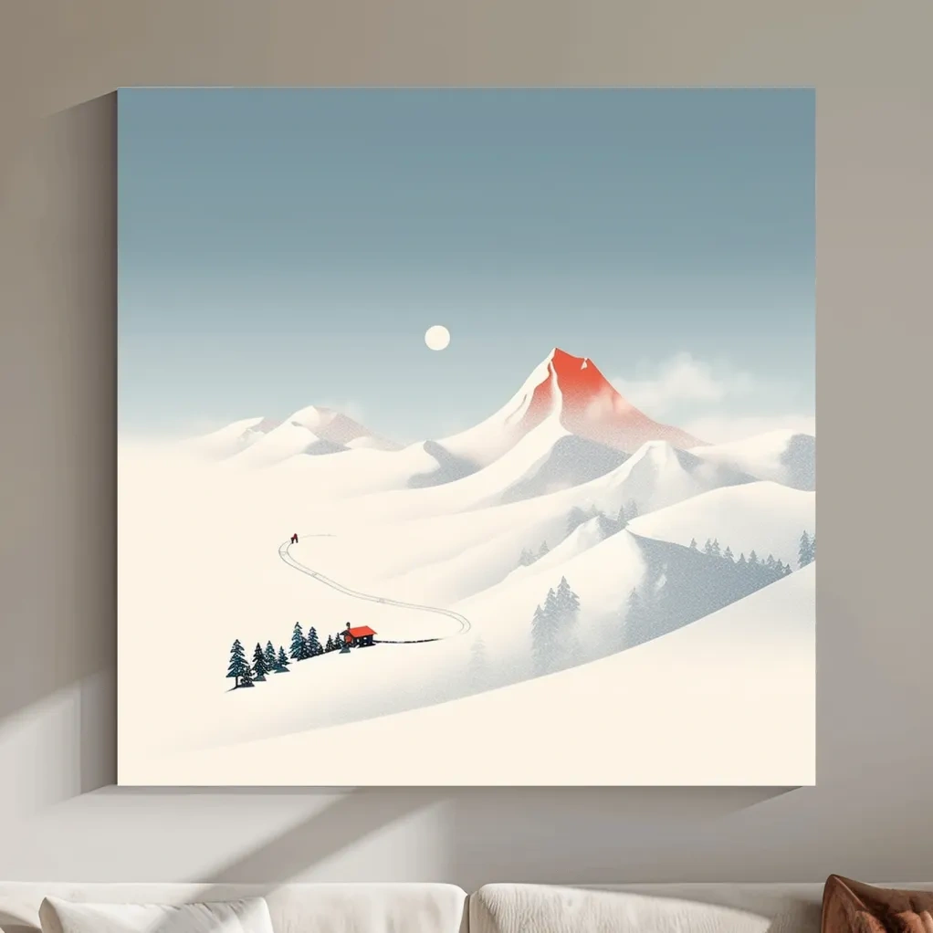 Minimal mountain art, skier leaves skin tracks from the cabin