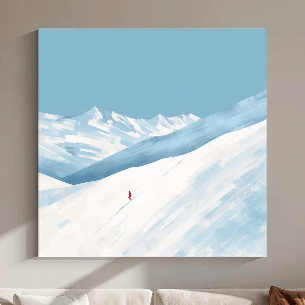 Minimalist Snowy Mountain Skier Painting - Alpine Winter Wall Art