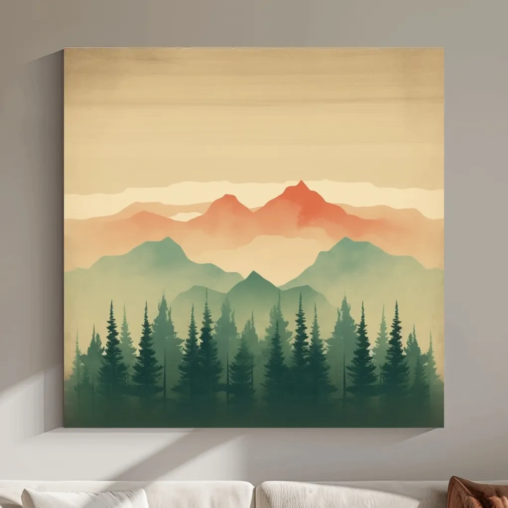 Misty Watercolor Mountain Range Sunrise - Pine Forest Landscape Artwork