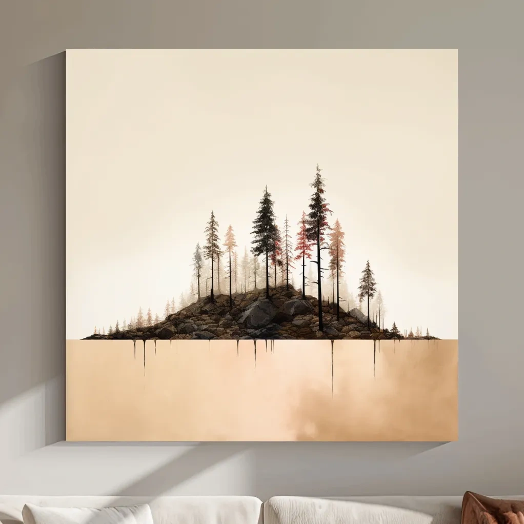 Minimalist Pine Forest Lake Illustration - Scandinavian Landscape Artwork