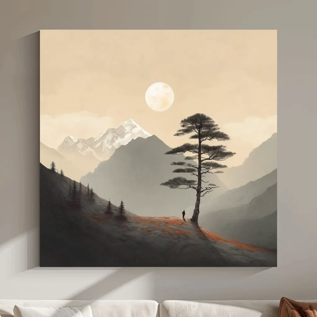 Minimal mountain art, lonely tree