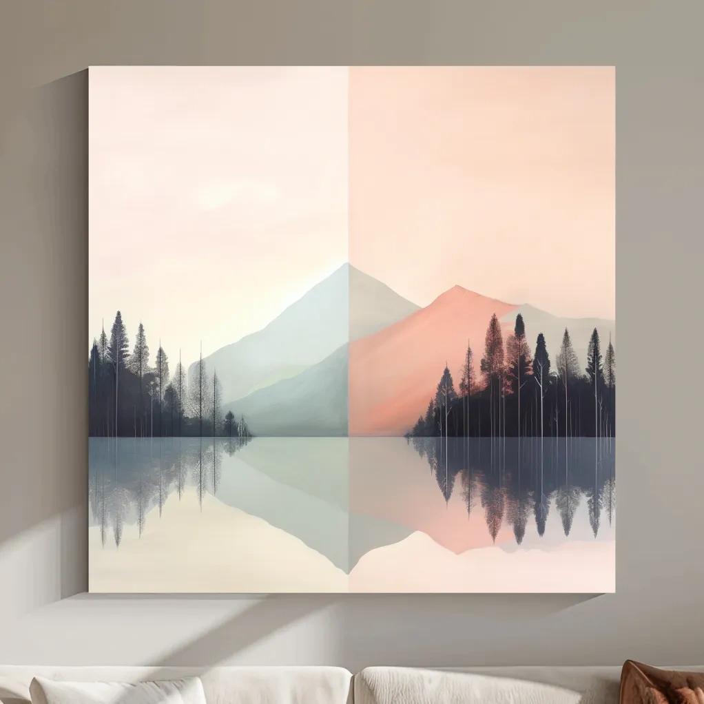 Mimimal mountain art, alpine treelined lake