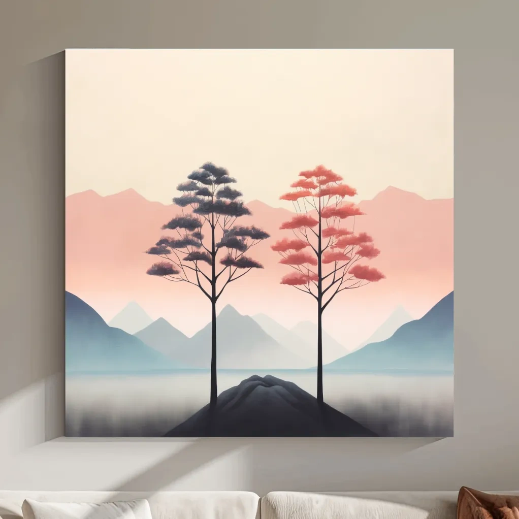 Minimalist Twin Pine Trees Landscape - Serene Pastel Mountain Lake Wall Art