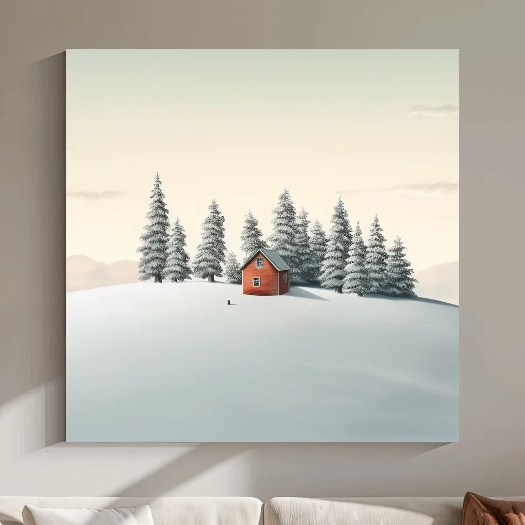 Minimalist Snowy Cabin In Pine Forest - Serene Winter Landscape Wall Art