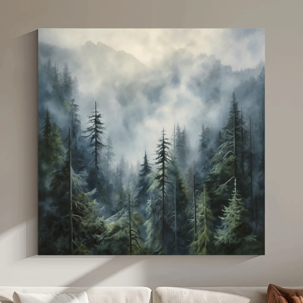Moody Misty Pine Forest Mountains - Atmospheric Landscape Painting Wall Art