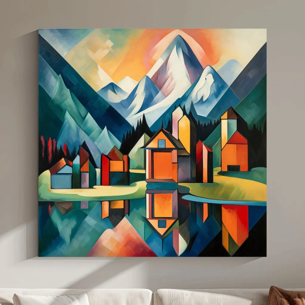Abstract painting of a mountain town by a glacier