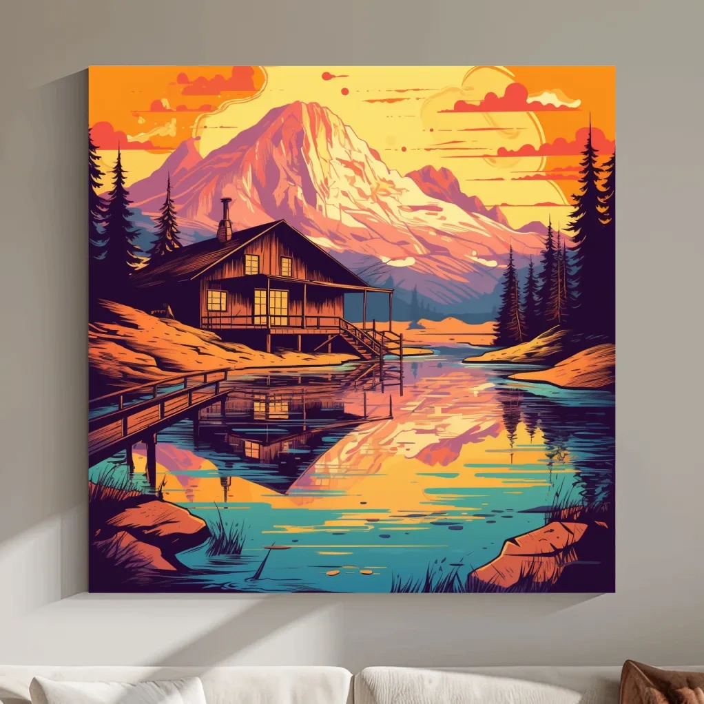 Colourful illustration of a cabin by an alpine lake at sunset