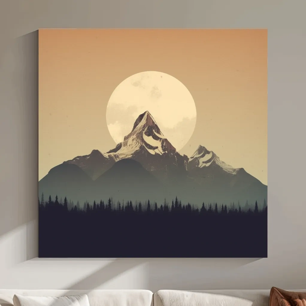 Graphical art of the moon behind a large mountain, minimalist mountain wall art