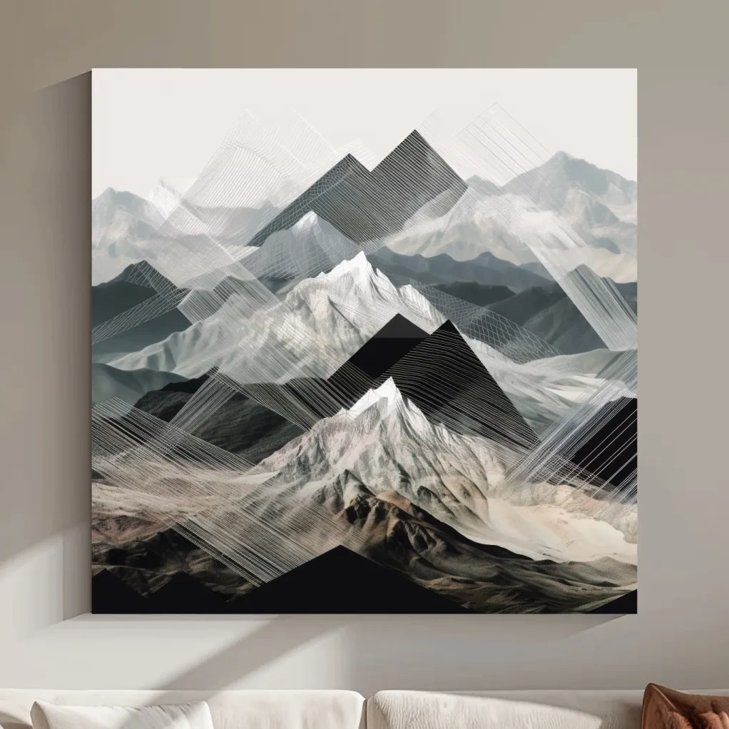 Photographic mountain art, overlayed with abstract lines