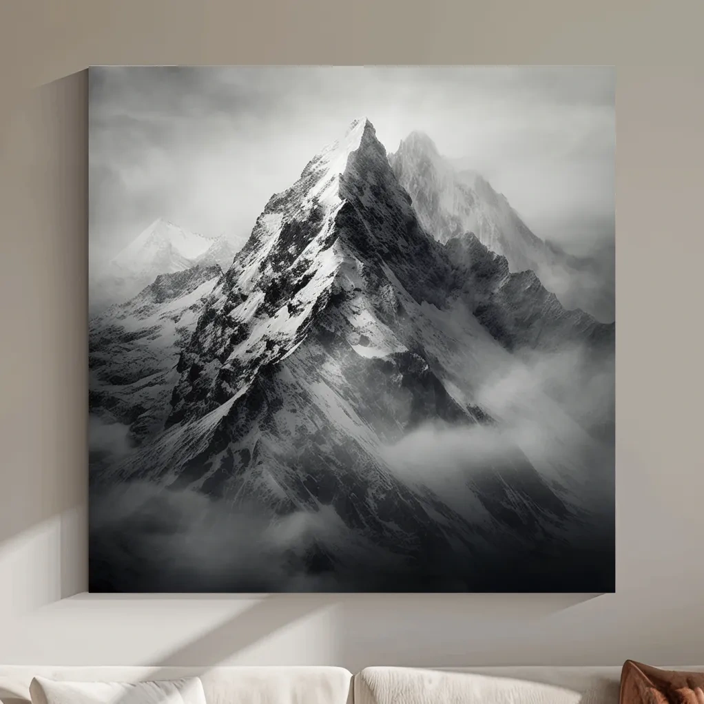 Photographic art, ominous snowy peaks in the clouds