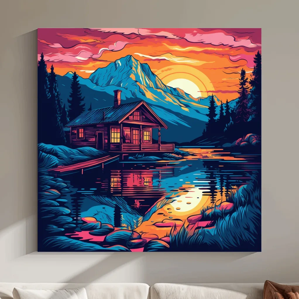 Illustration of a cabin by a lake at sunset