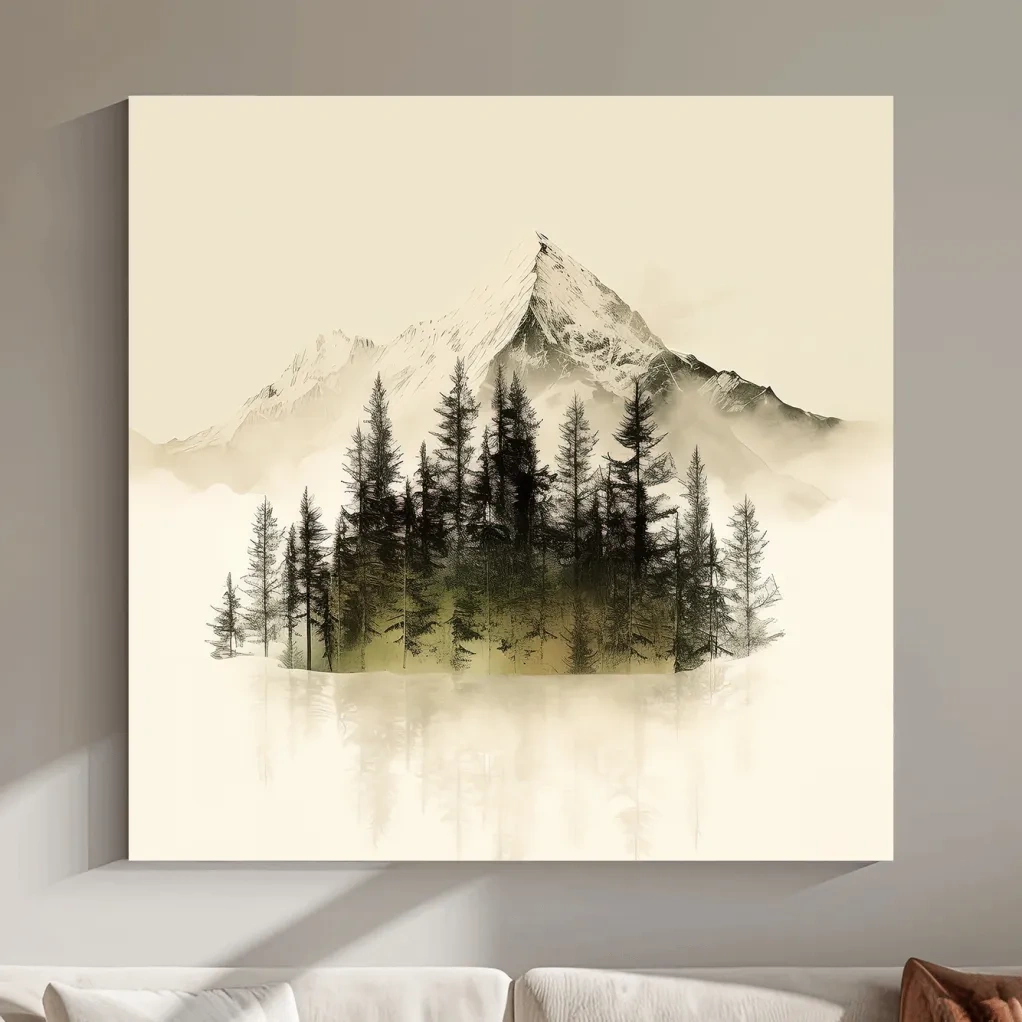 Misty Alpine Mountain Pine Forest Artwork - Minimalist Landscape Wall Art