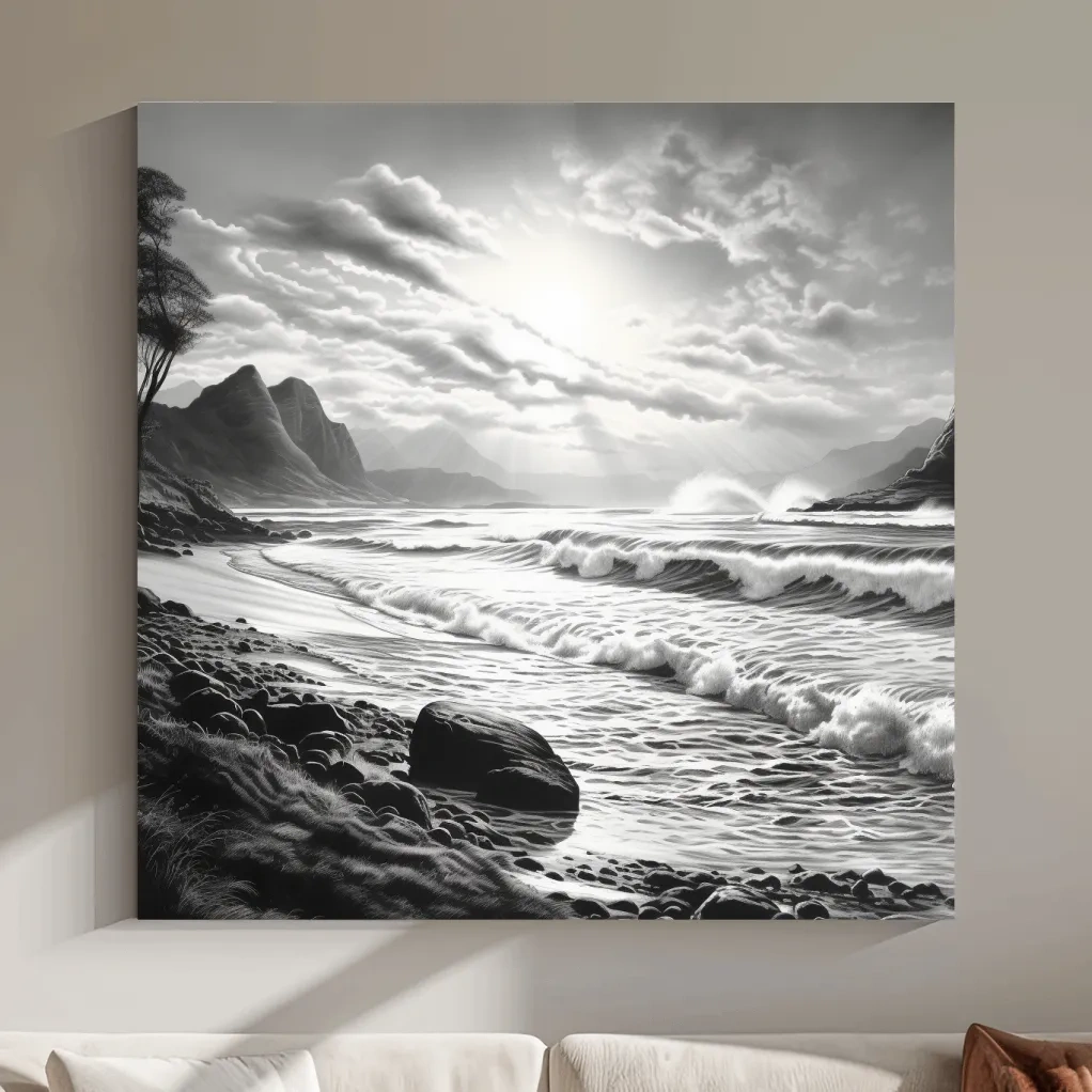 Black and white drawing of a sunny beach scene
